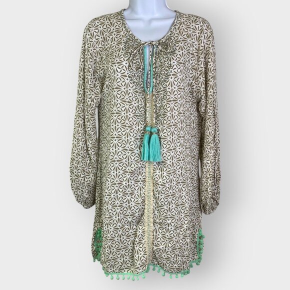 Skemo Cover Up Dress | S | Tan White | Tasseled Crochet Beaded | Beachy Resort - Picture 1 of 13